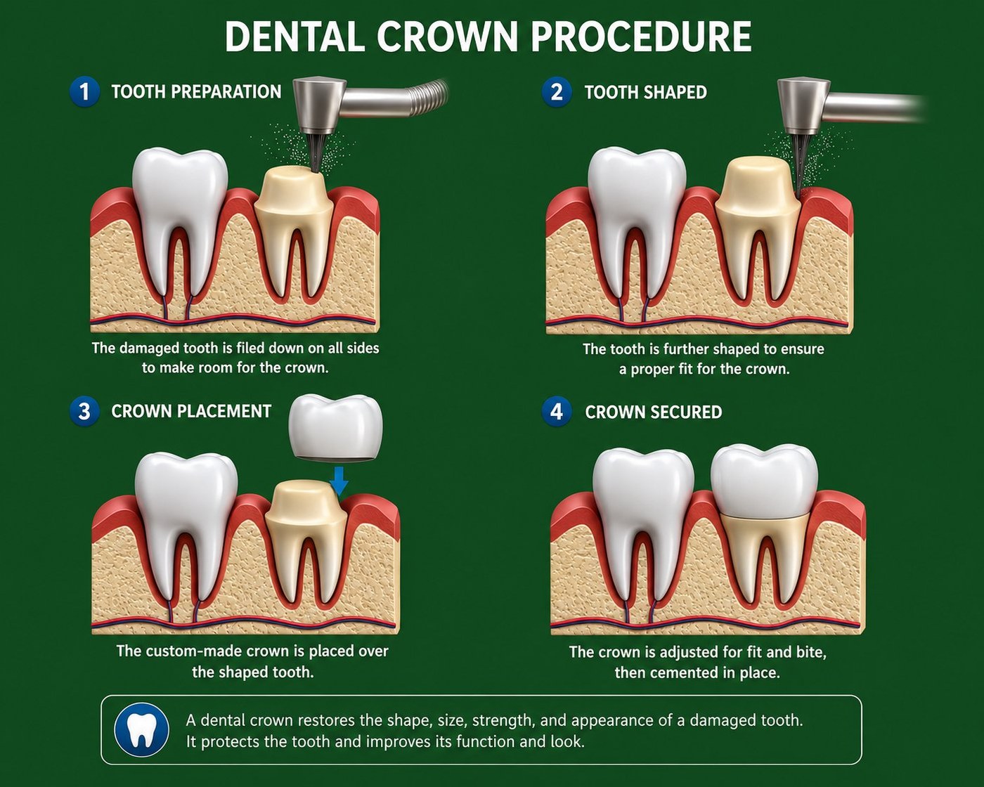 Dental crown procedure: tooth preparation, shaping, crown placement and the crown cemented in place
