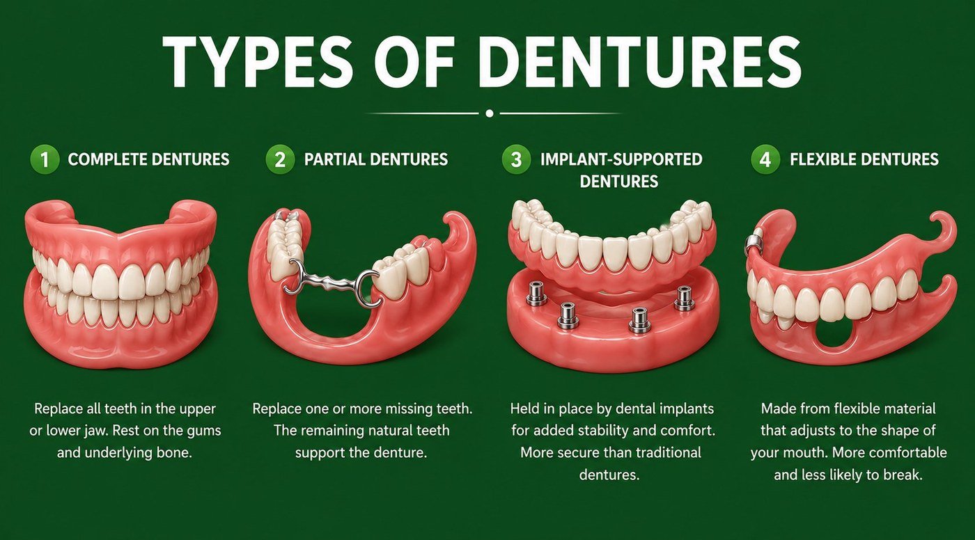 Types of dentures: complete, partial, implant-supported and flexible dentures