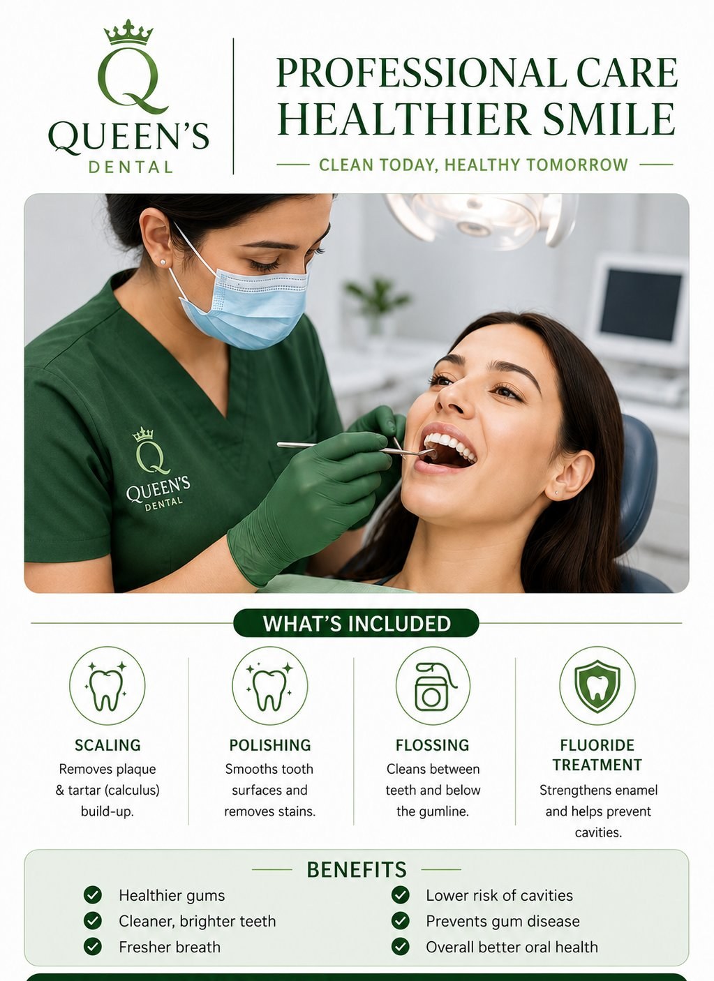 Professional dental hygiene care: scaling, polishing, flossing and fluoride treatment, and the benefits of a clean smile