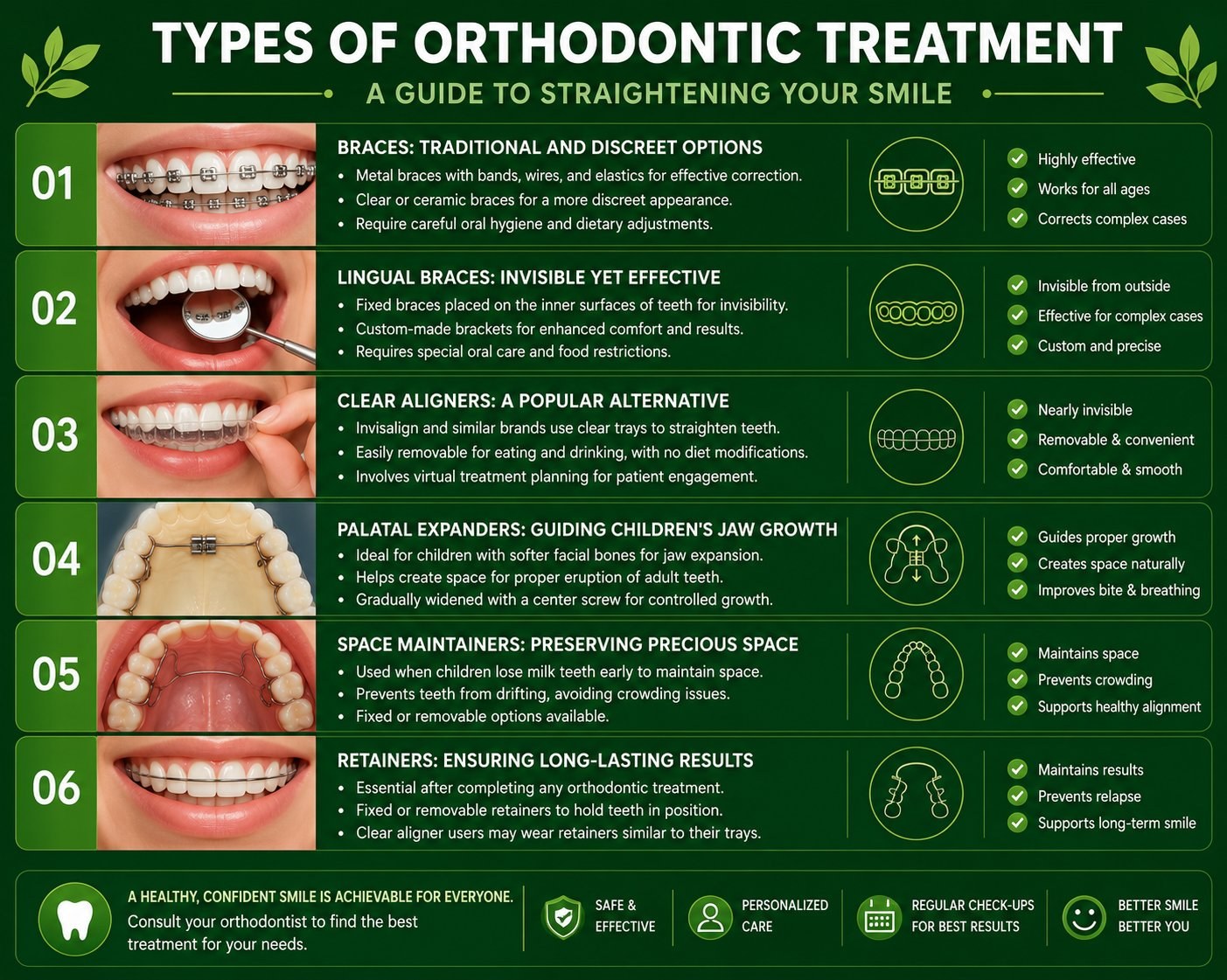 Types of orthodontic treatment: traditional and clear braces, lingual braces, clear aligners, palatal expanders, space maintainers and retainers, with benefits for each