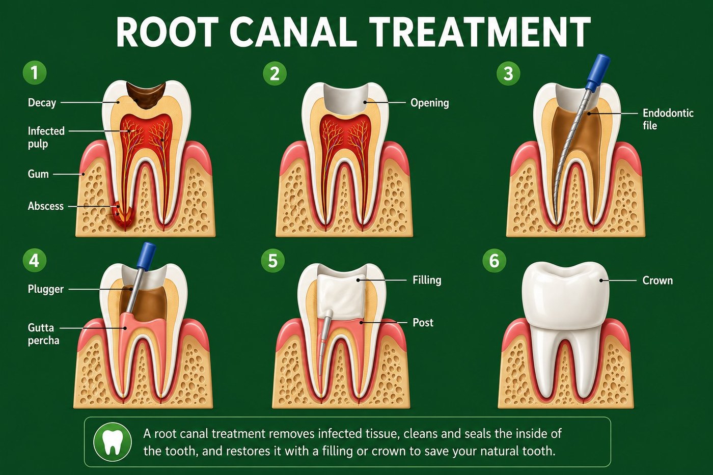 Root canal treatment steps from infected pulp through cleaning, filling and crown