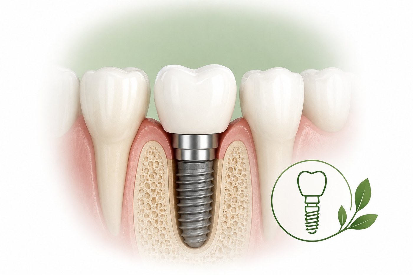 Single dental implant in the jaw supporting a natural-looking crown