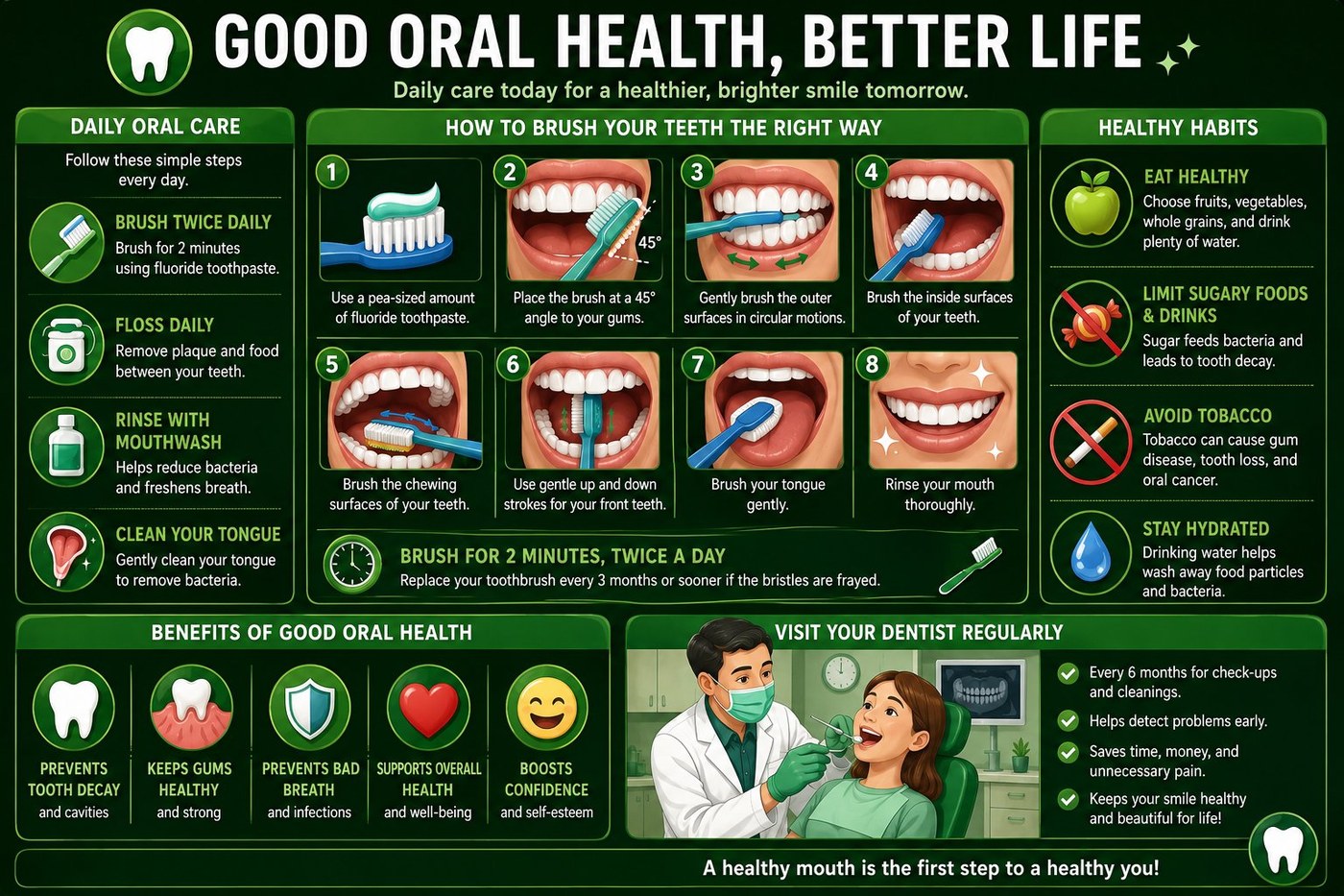 Illustrated overview of dental treatments: check-ups and hygiene, fillings, root canals, extractions, crowns, bridges and dentures, implants, whitening, orthodontics, gum disease treatment and veneers
